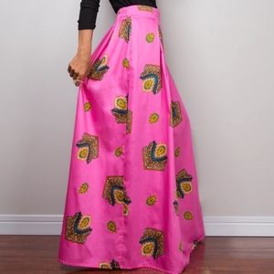 Grass fields Pink Boho Maxi Skirt High Slit with pockets